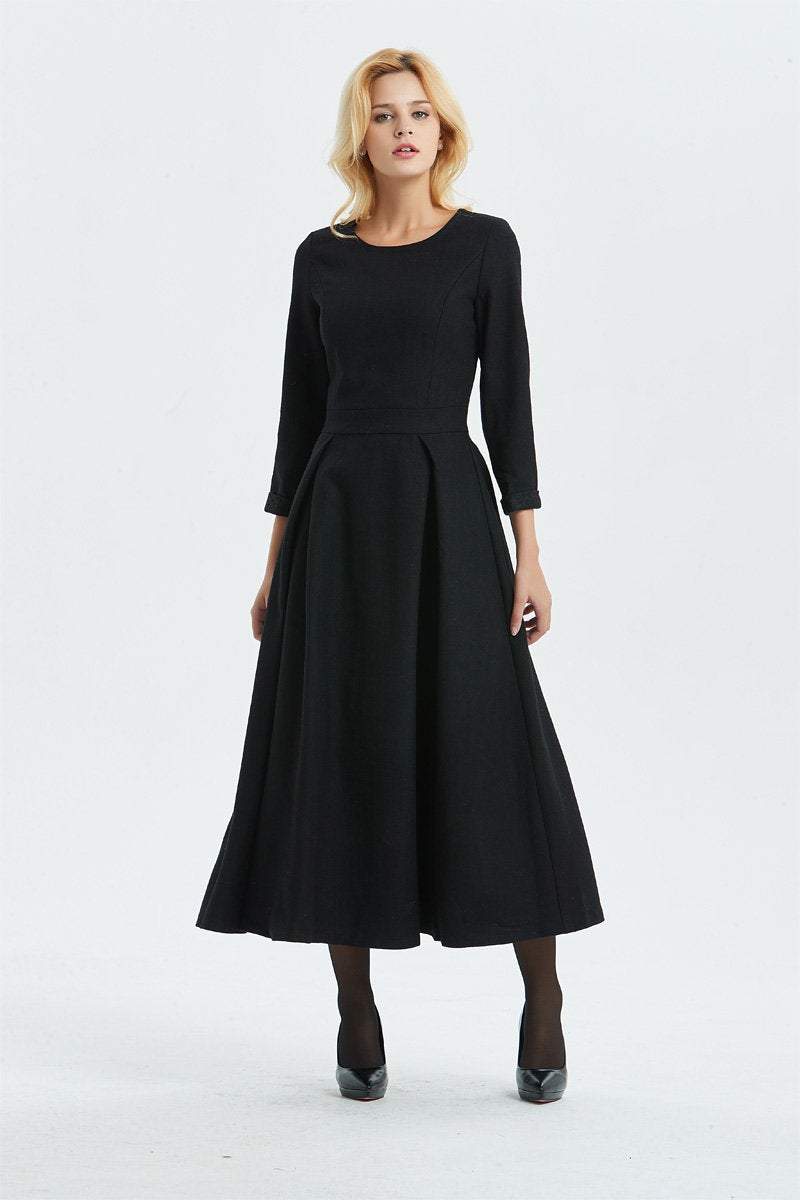 Black wool dress, Long wool dress, winter dress, womens dress, warm dress, handmade dress, black dress, fitted dress, pleated dressC1335