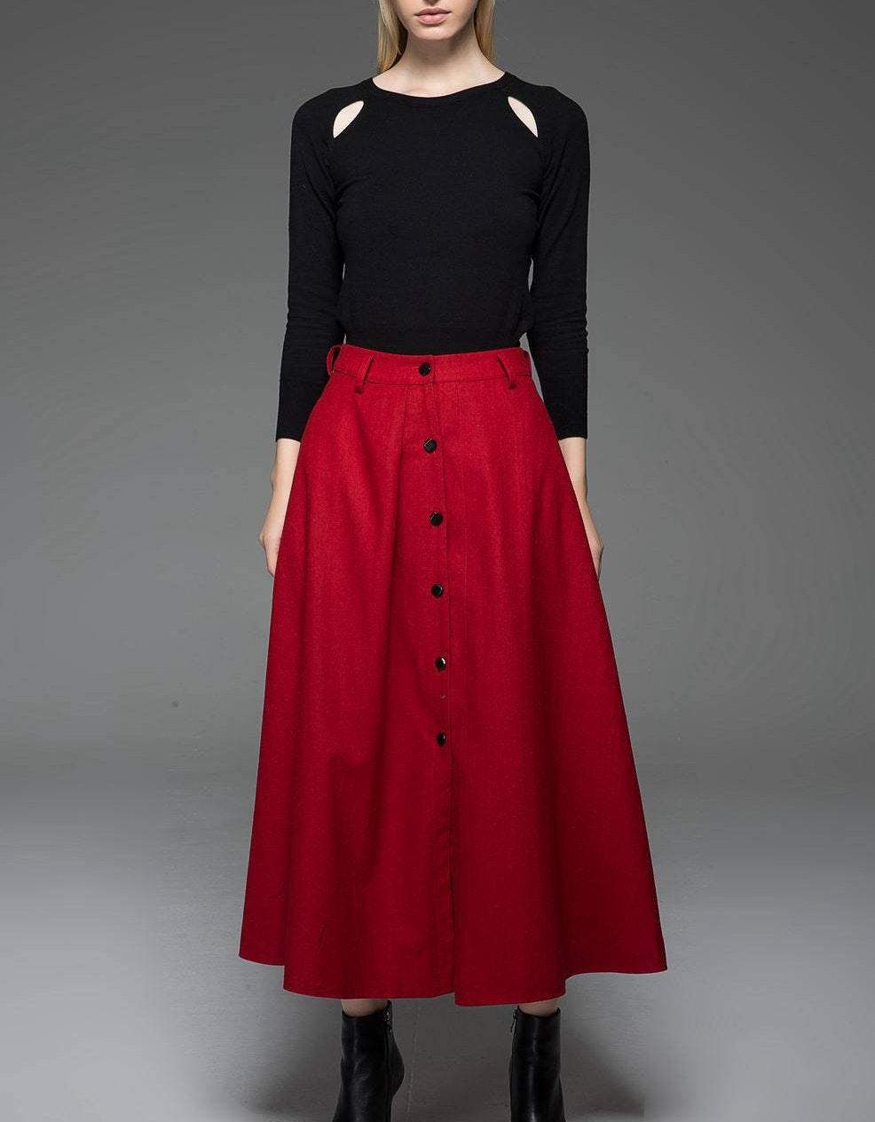Red skirt, wool skirt, Long skirt, winter skirt, maxi skirt, button skirt, womens skirts, red wool skirt, maxi wool skirt, pocket skirt C761
