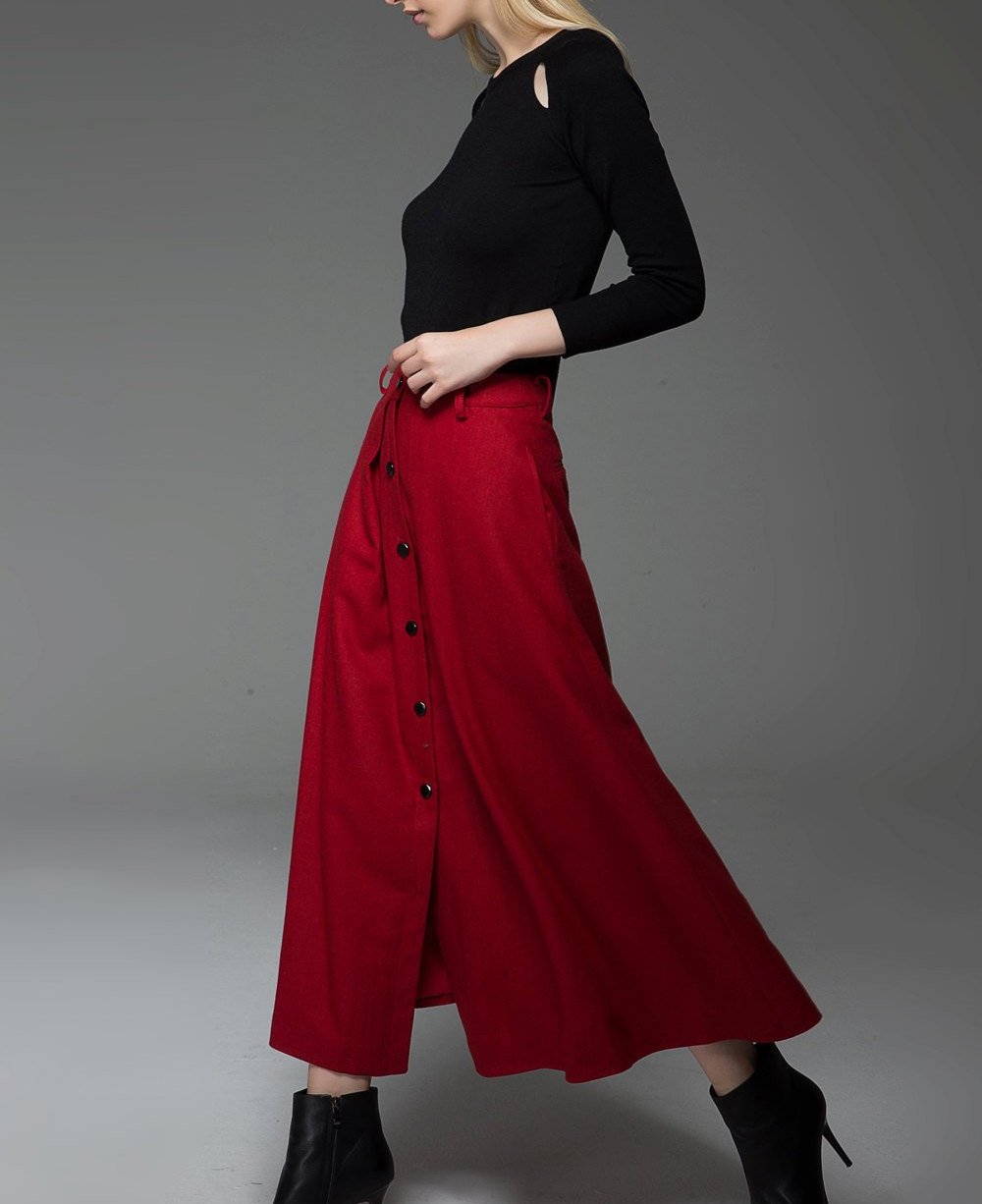 Red skirt, wool skirt, Long skirt, winter skirt, maxi skirt, button skirt, womens skirts, red wool skirt, maxi wool skirt, pocket skirt C761