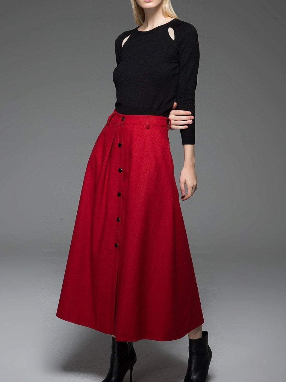 Red skirt, wool skirt, Long skirt, winter skirt, maxi skirt, button skirt, womens skirts, red wool skirt, maxi wool skirt, pocket skirt C761