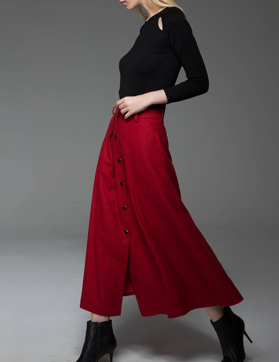 Red skirt, wool skirt, Long skirt, winter skirt, maxi skirt, button skirt, womens skirts, red wool skirt, maxi wool skirt, pocket skirt C761