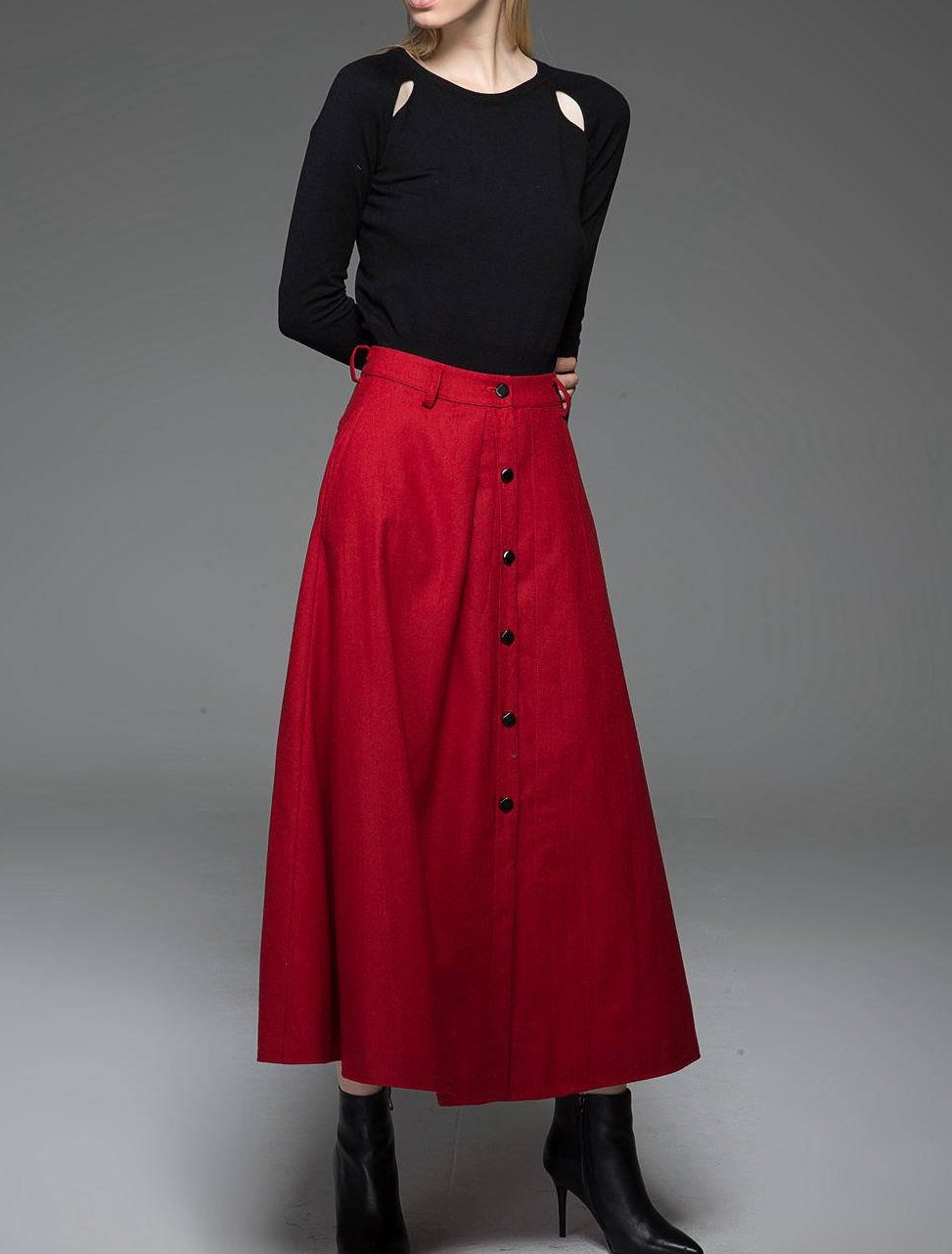 Red skirt, wool skirt, Long skirt, winter skirt, maxi skirt, button skirt, womens skirts, red wool skirt, maxi wool skirt, pocket skirt C761