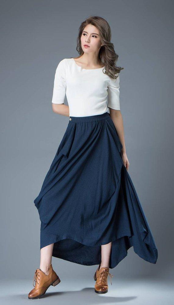 Green Linen Skirt, long linen skirt, linen skirt, Maxi Asymmetrical Hemline with Pockets All-Seasons Skirt, asymmetrical linen skirt C524