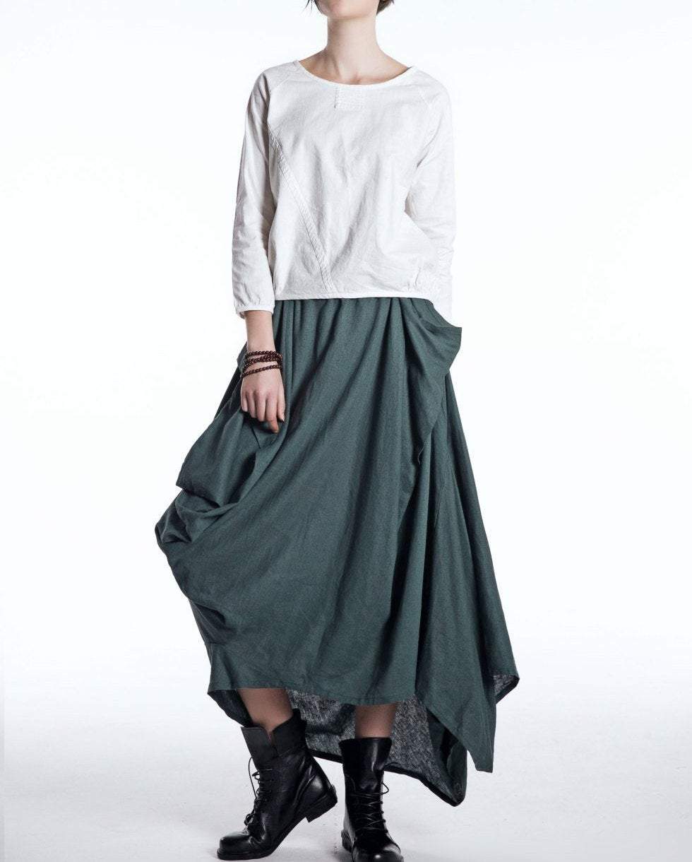 Green Linen Skirt, long linen skirt, linen skirt, Maxi Asymmetrical Hemline with Pockets All-Seasons Skirt, asymmetrical linen skirt C524