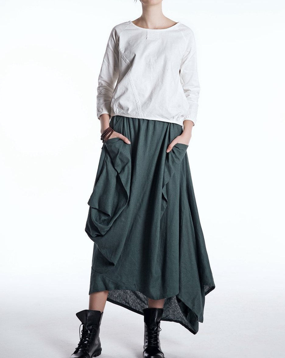 Green Linen Skirt, long linen skirt, linen skirt, Maxi Asymmetrical Hemline with Pockets All-Seasons Skirt, asymmetrical linen skirt C524