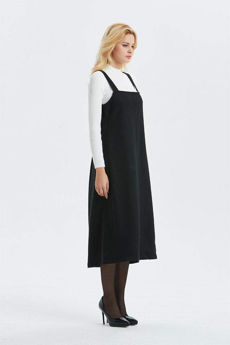Long black dress, wool sleeveless dress- pinafore wool dress for women, midi loose & pleated dress-winter fashion dress, C1300