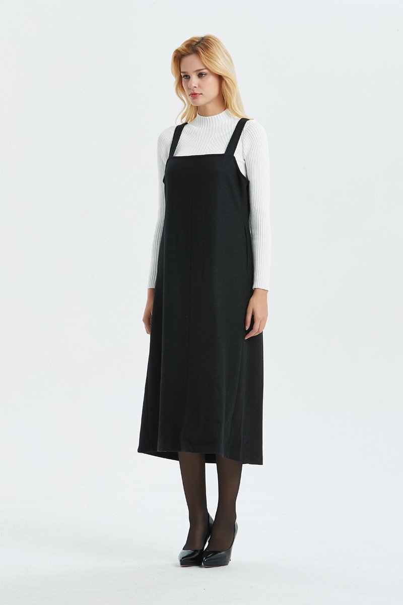 Long black dress, wool sleeveless dress- pinafore wool dress for women, midi loose & pleated dress-winter fashion dress, C1300