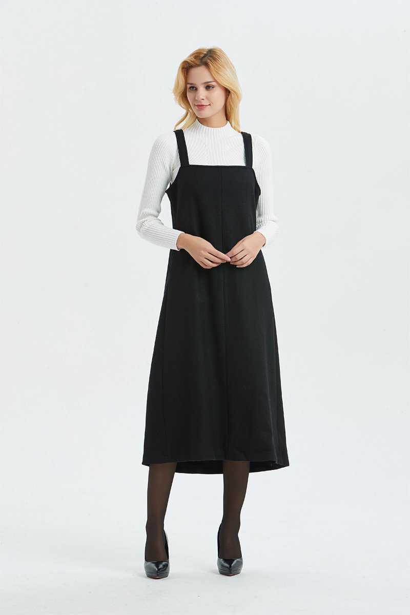 Long black dress, wool sleeveless dress- pinafore wool dress for women, midi loose & pleated dress-winter fashion dress, C1300