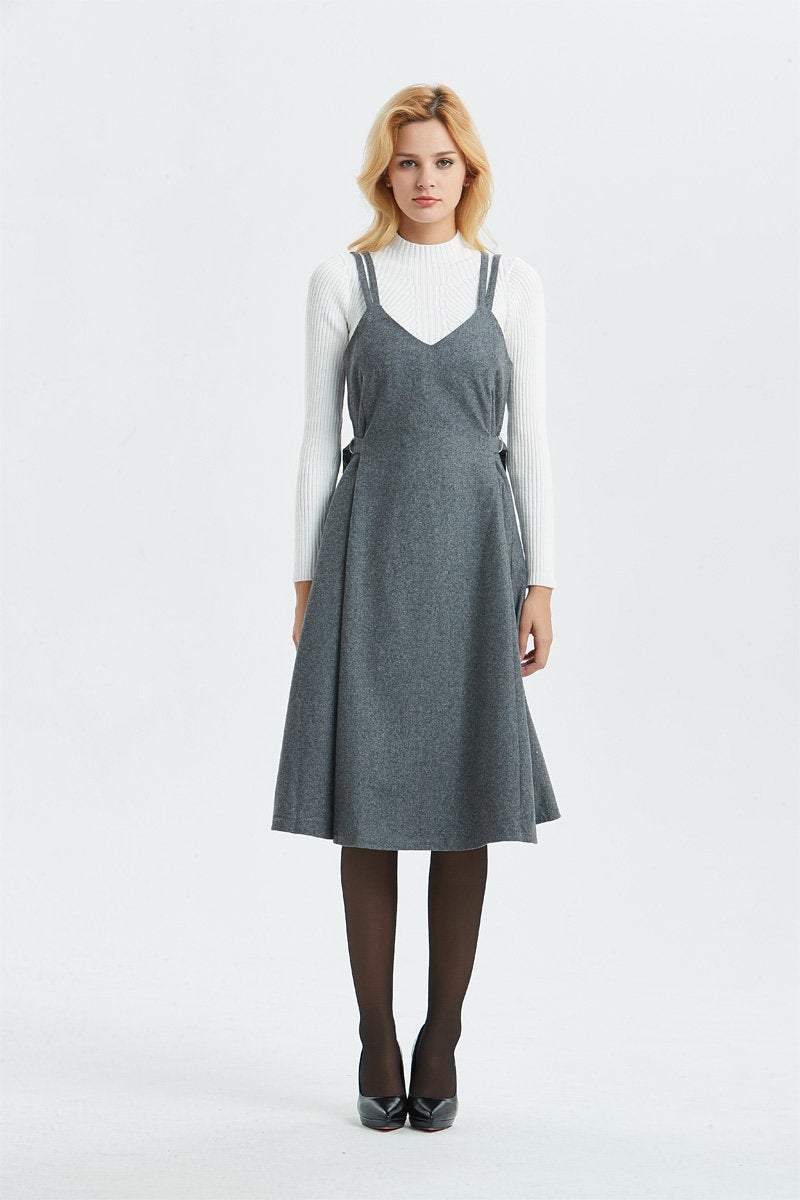 Gray wool dress, pinafore dress for women- midi length dress, casual & fit dress, adjustable pleated dress- fashion wool dress C1299