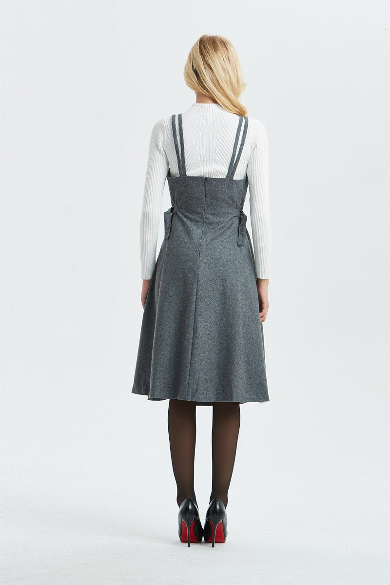 Gray wool dress, pinafore dress for women- midi length dress, casual & fit dress, adjustable pleated dress- fashion wool dress C1299