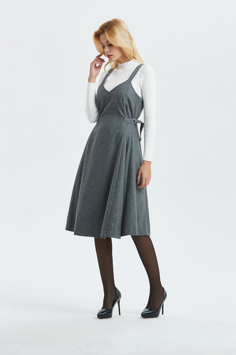 Gray wool dress, pinafore dress for women- midi length dress, casual & fit dress, adjustable pleated dress- fashion wool dress C1299