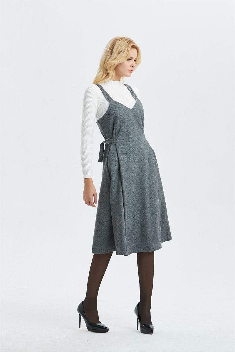 Gray wool dress, pinafore dress for women- midi length dress, casual & fit dress, adjustable pleated dress- fashion wool dress C1299