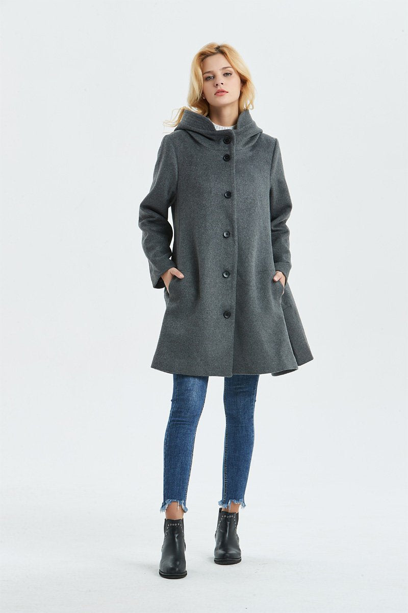 Loose fitting hooded wool coat C1317