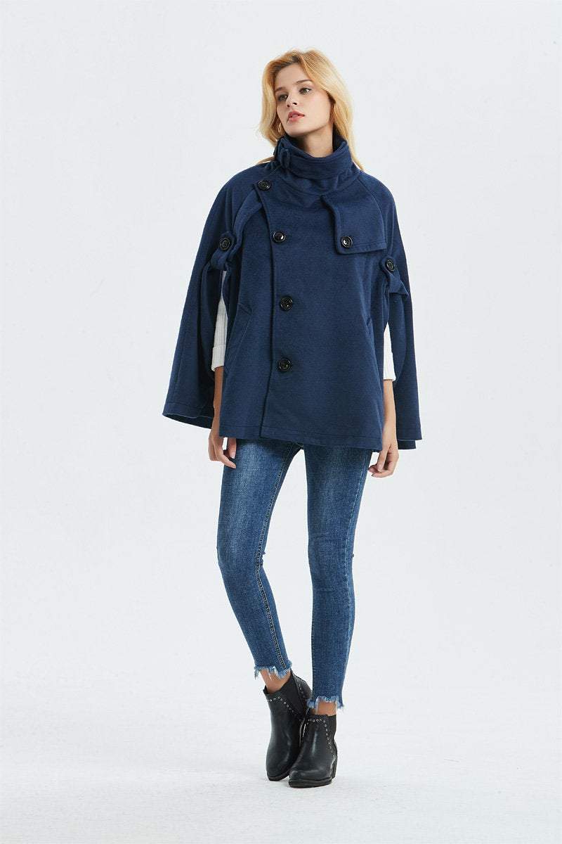Blue winter wool cape coat women C1319