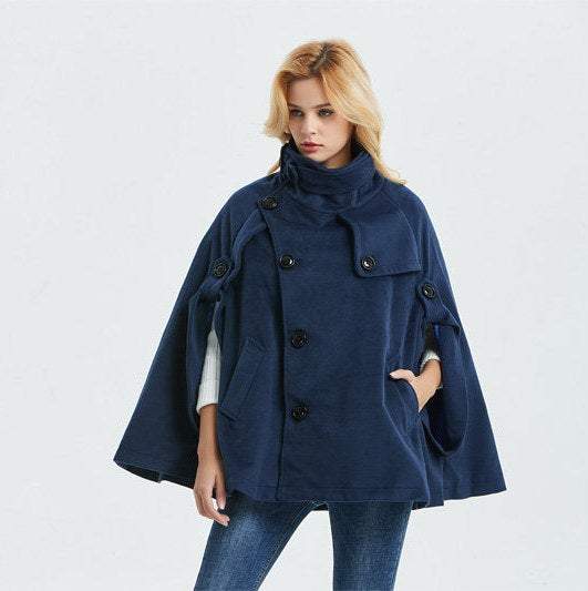 Blue winter wool cape coat women C1319