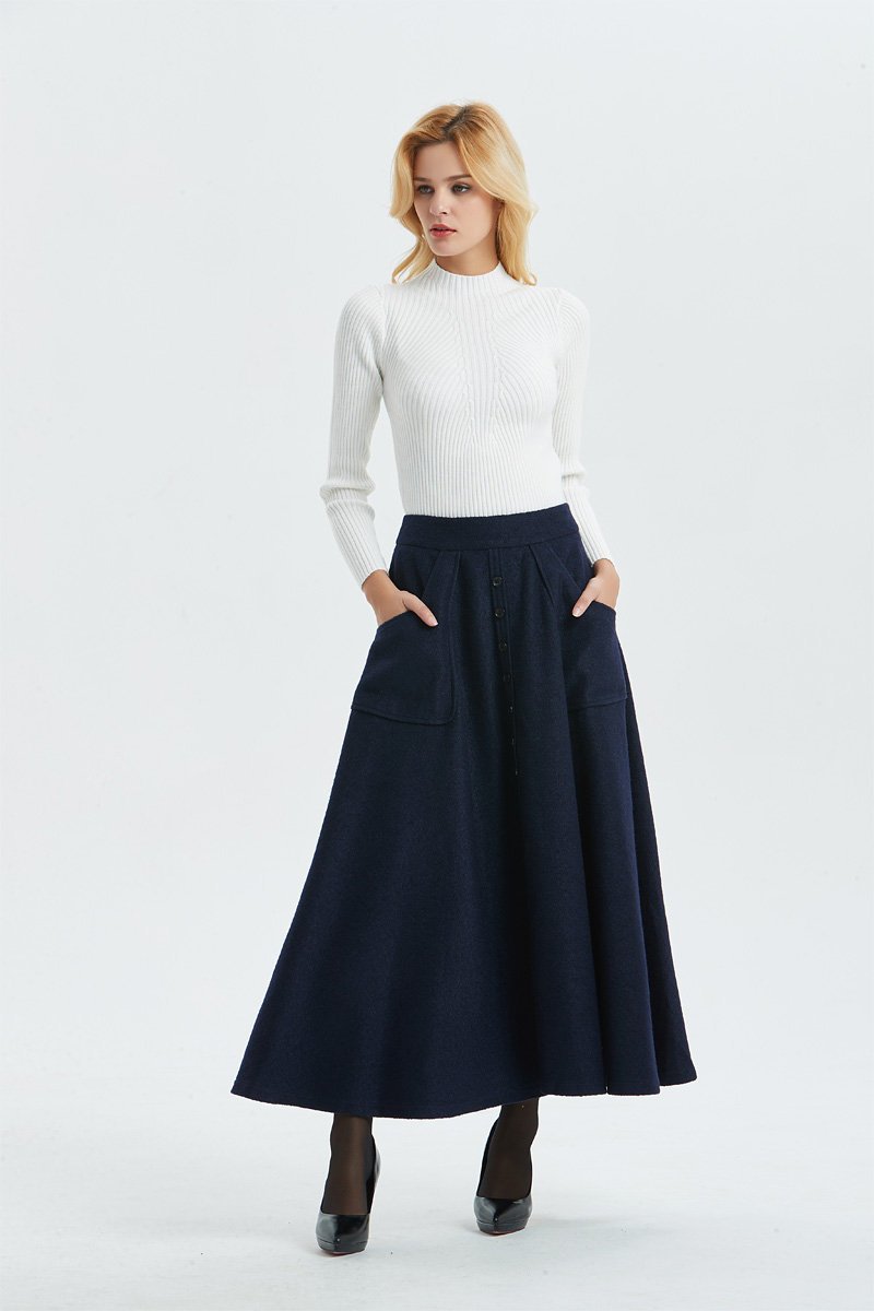 Elegant Navy A-Line wool maxi Skirt C1295