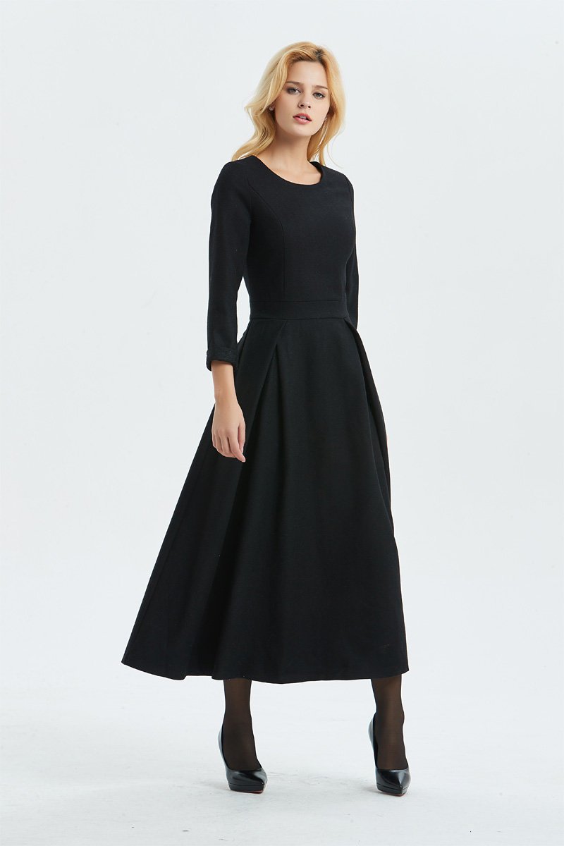 Black wool dress, Long wool dress, winter dress, womens dress, warm dress, handmade dress, black dress, fitted dress, pleated dressC1335