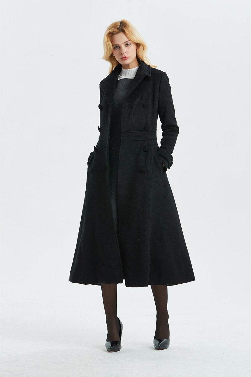 black wool coat, long winter black coat-warm double breasted coat, woo coat for women-coat with pockets- classic black coat for lady C1303