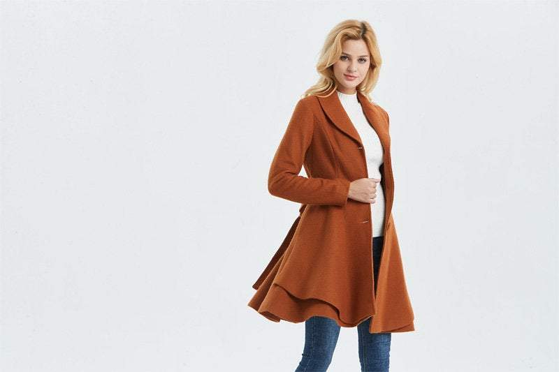 Brown wool coat, winter coat, womens coat, midi coat, princess coat, belted coat, coat with pocket, fashion coat, warm coat, cute coat C1326