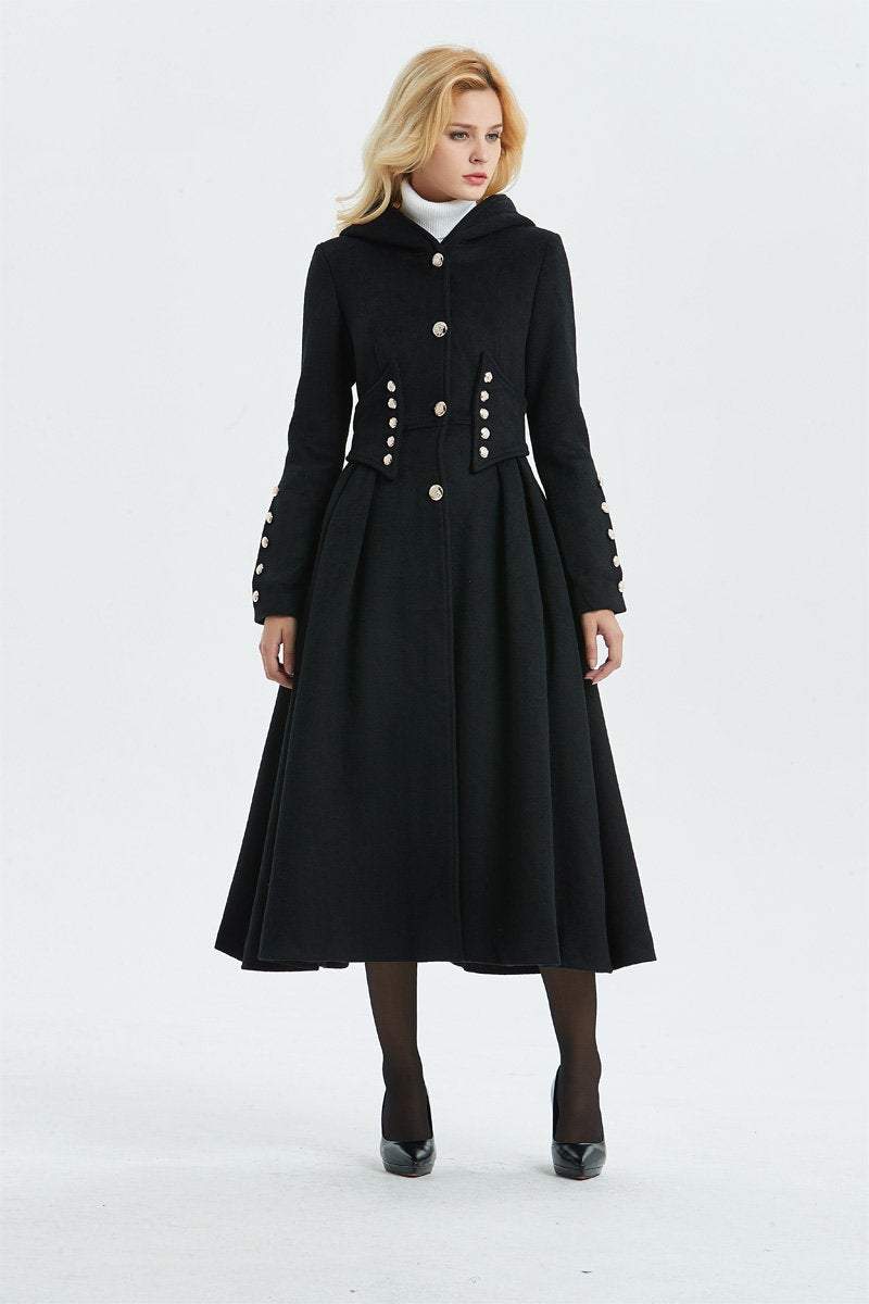 Military coat, black wool coat, long coat, hooded coat, womens coat, long black coat, warm coat, winter outerwear, handmade coat C1343