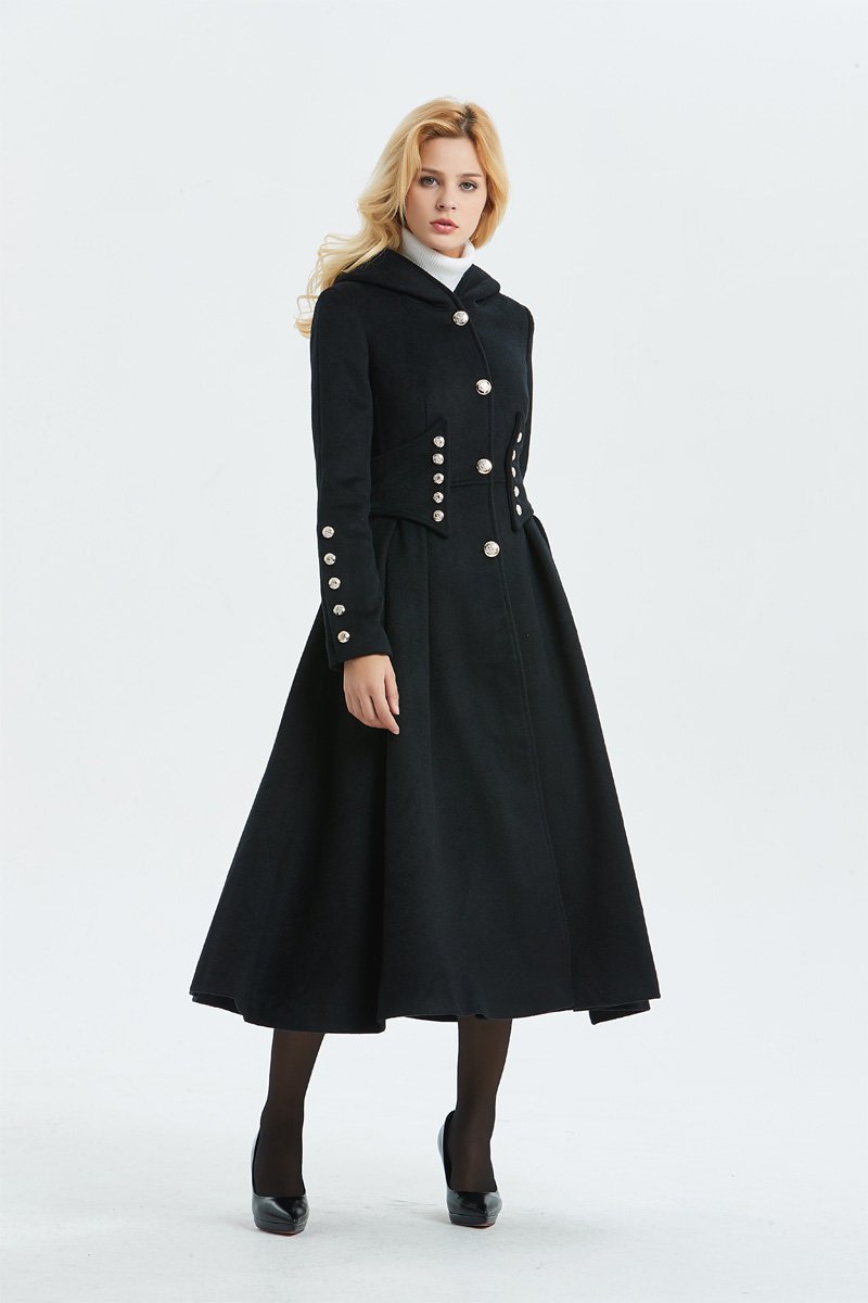 Military coat, black wool coat, long coat, hooded coat, womens coat, long black coat, warm coat, winter outerwear, handmade coat C1343