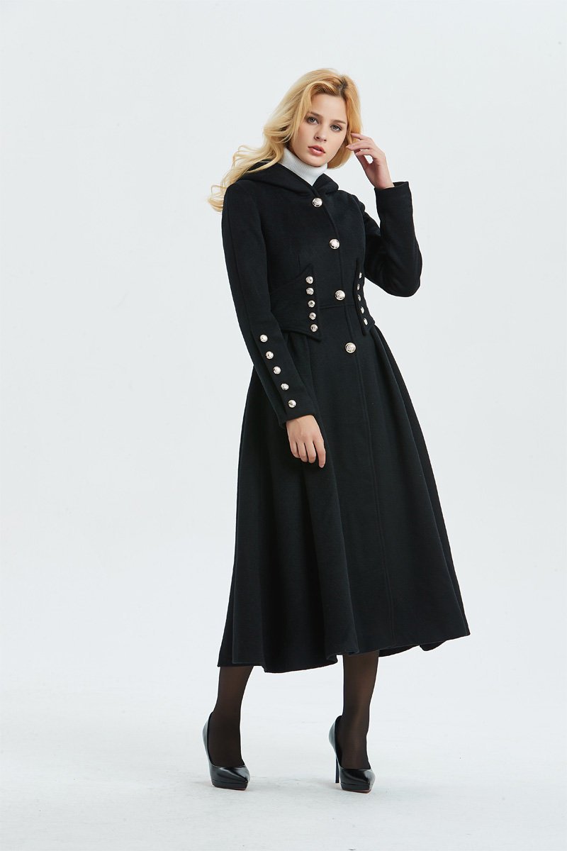 Military coat, black wool coat, long coat, hooded coat, womens coat, long black coat, warm coat, winter outerwear, handmade coat C1343