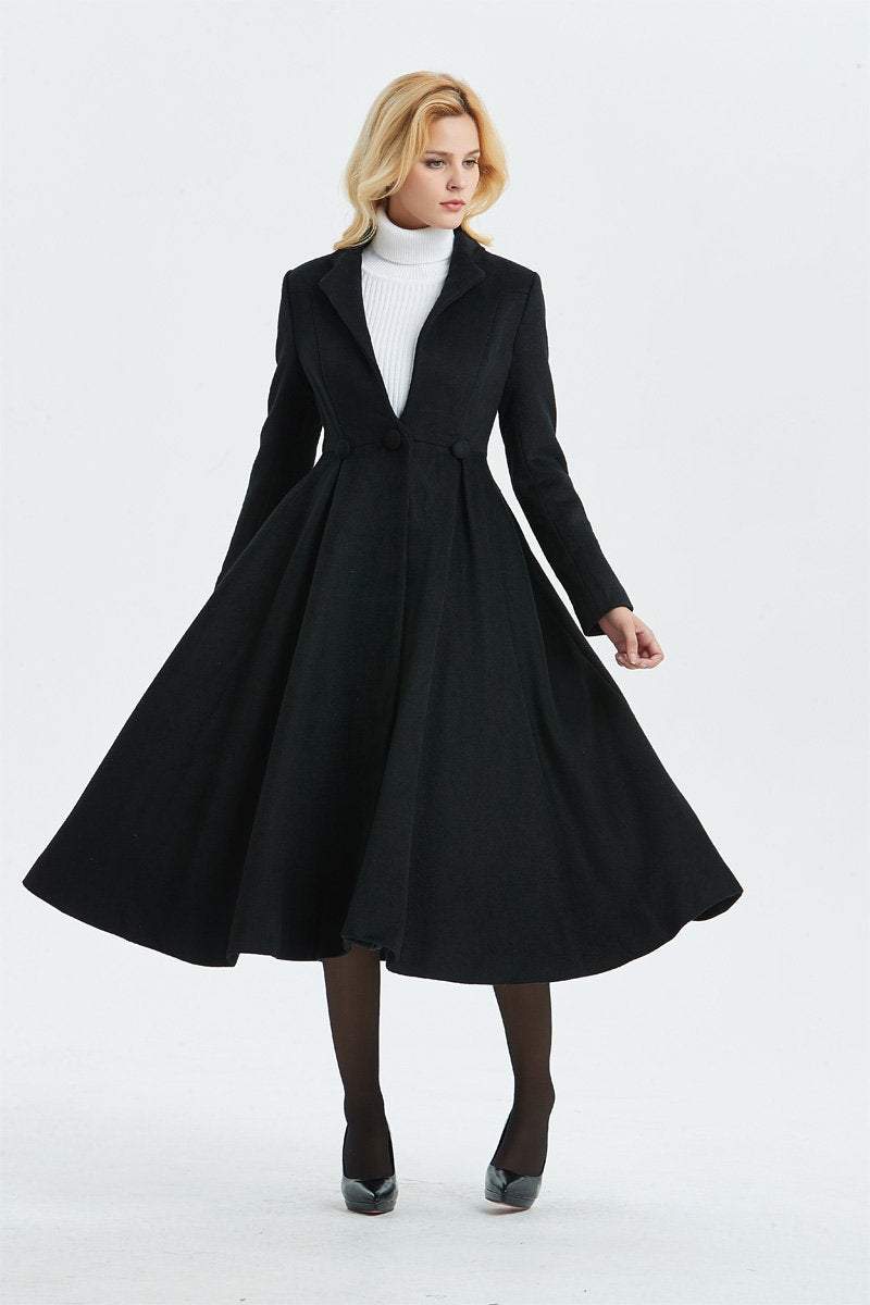 Long wool coat, black wool coat, fit and flare coat, cute coat, winter coat, womens coat, elegant coat, warm coat, custom coat C1338