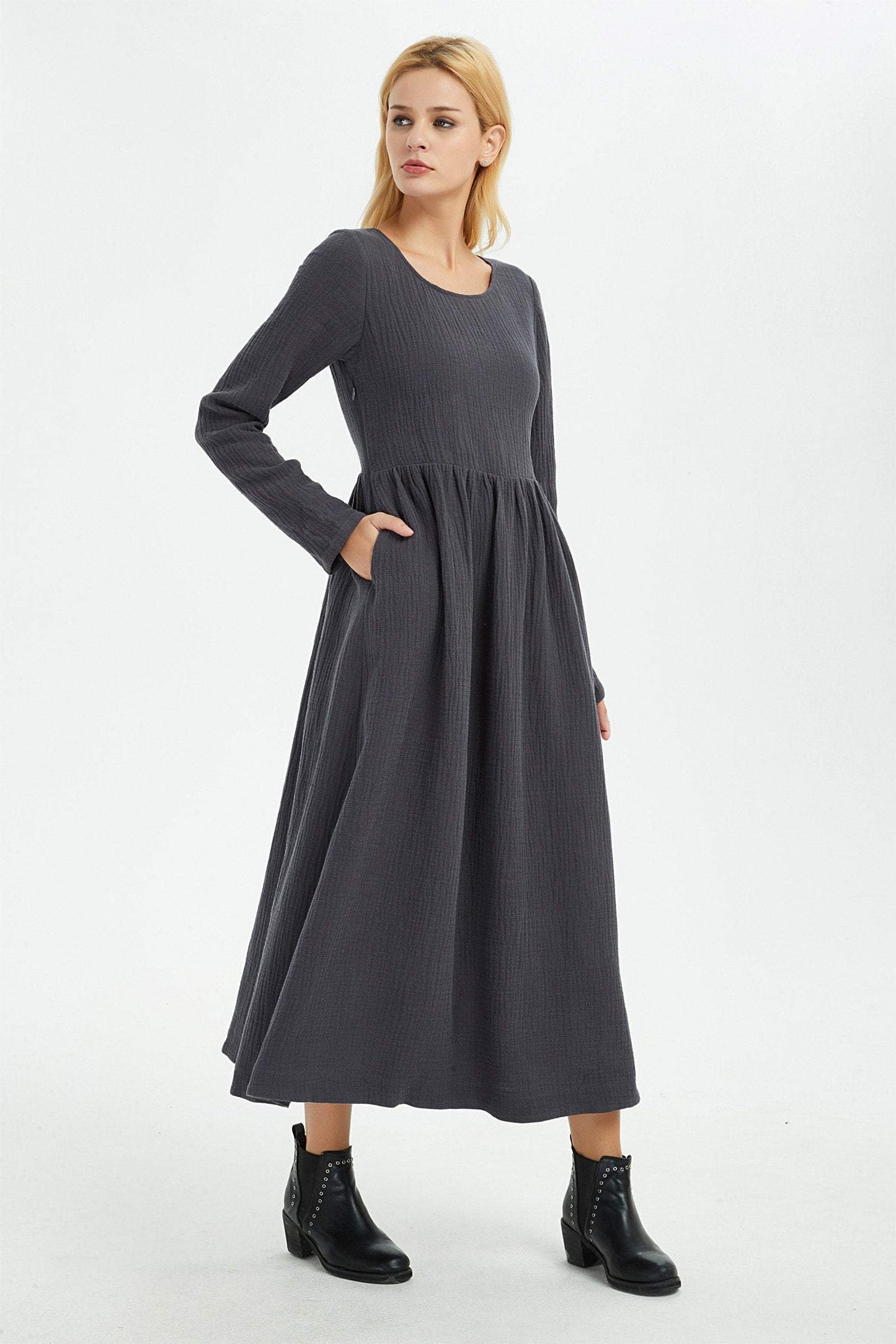 Gray linen dress, winter linen dress, women linen dress, long women dress, linen dress, linen pockets dress, long linen dress C1368