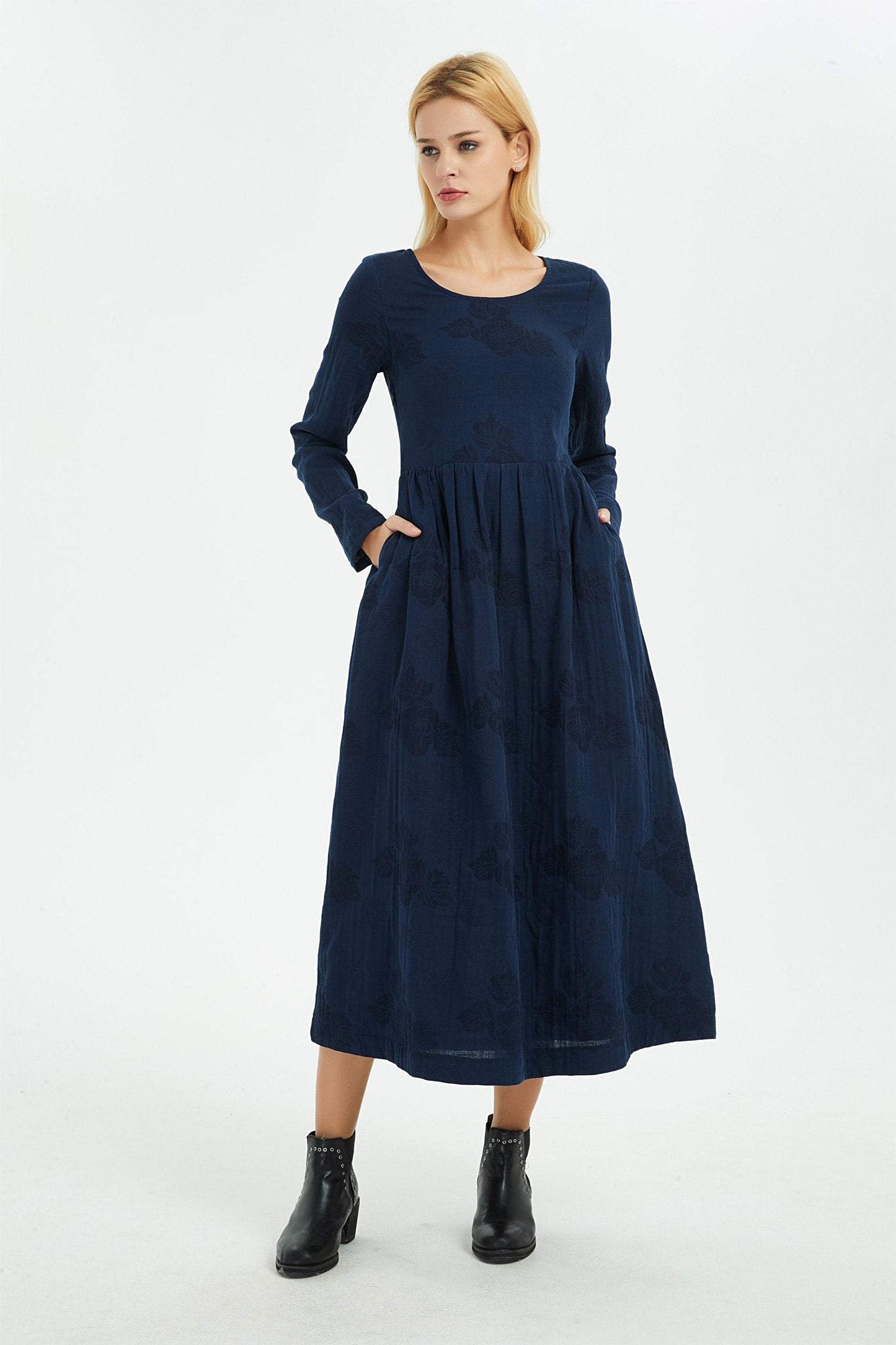 Blue linen dress, women dress, print flower dress, long dress, linen dress, women dress linen, print linen dress, pocket dress C1367