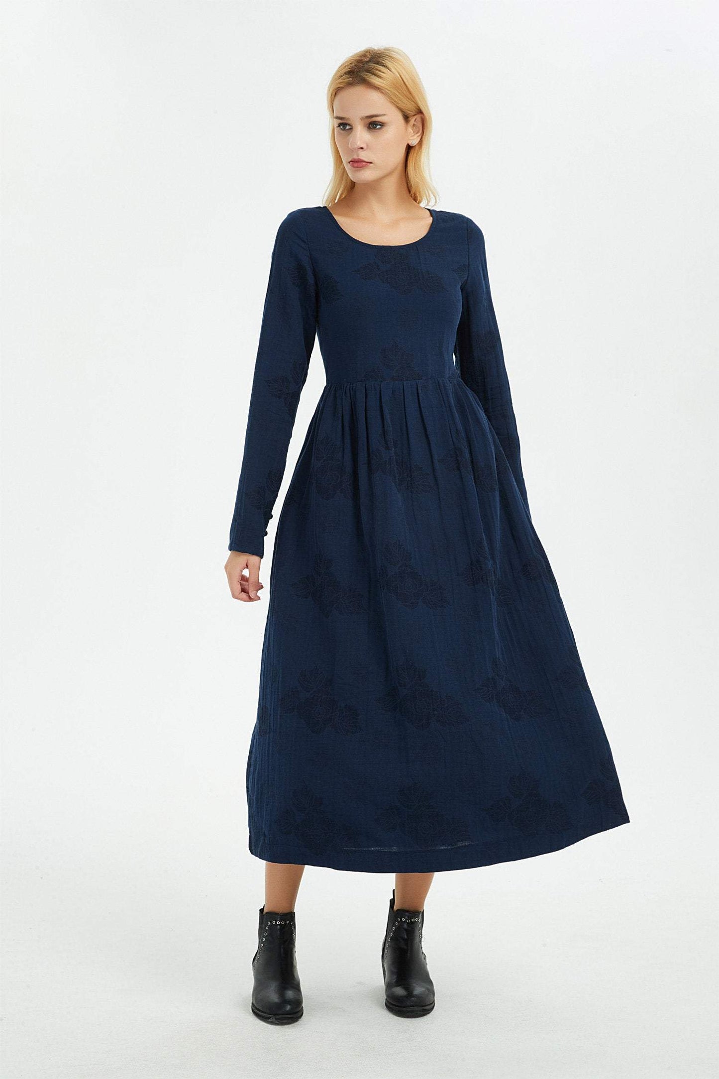 Blue linen dress, women dress, print flower dress, long dress, linen dress, women dress linen, print linen dress, pocket dress C1367