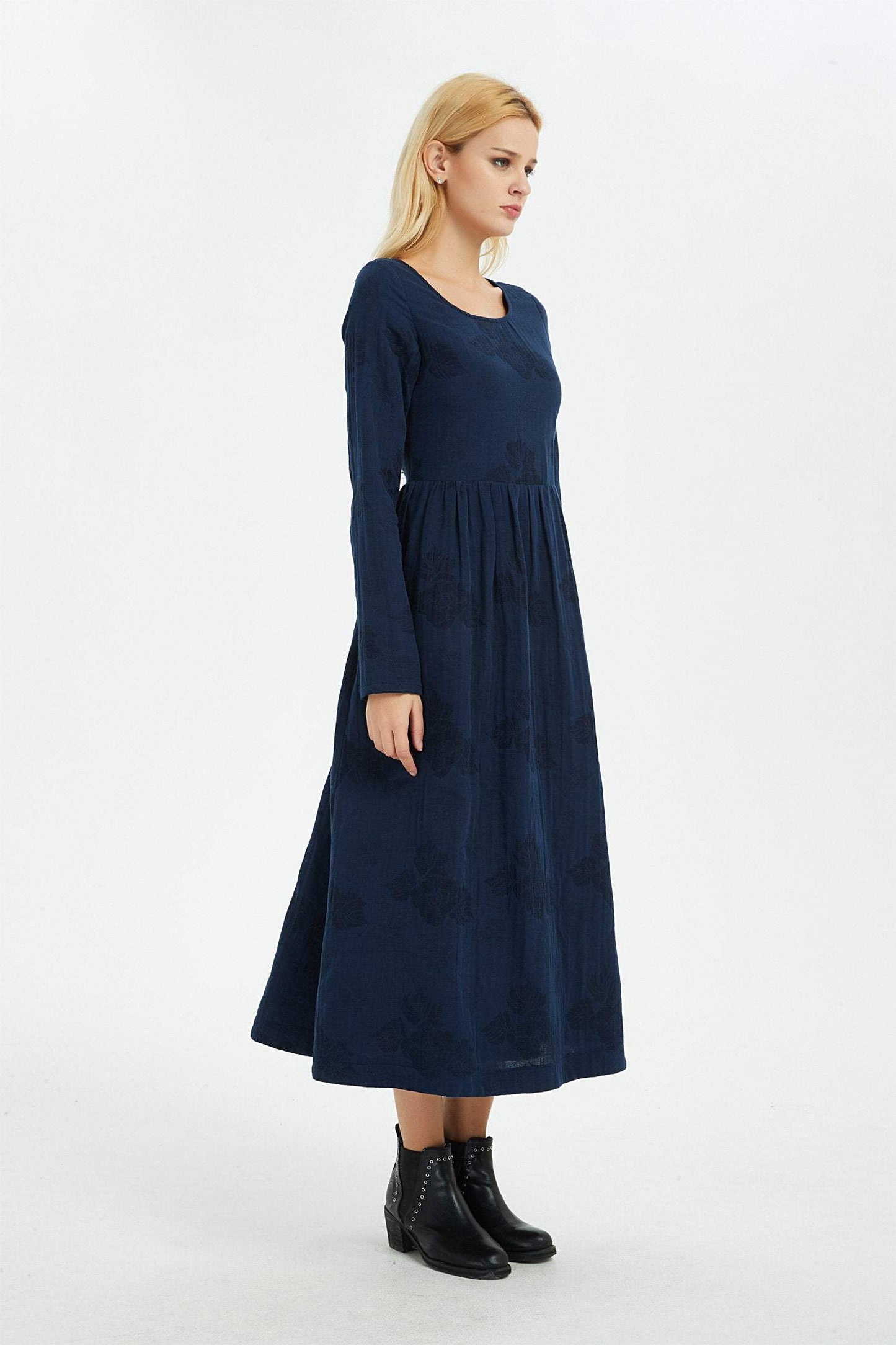 Blue linen dress, women dress, print flower dress, long dress, linen dress, women dress linen, print linen dress, pocket dress C1367