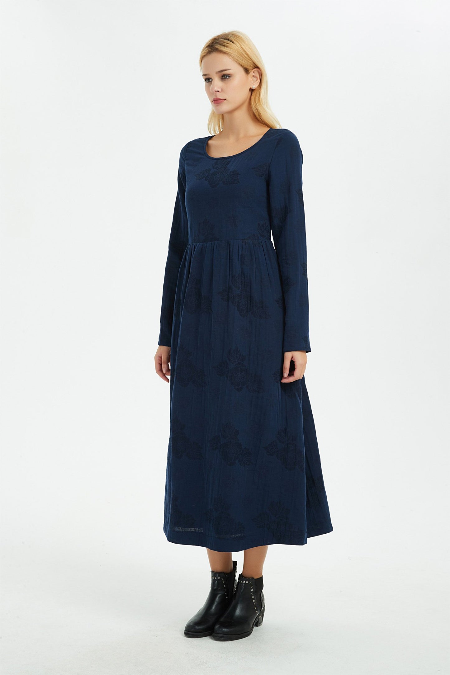 Blue linen dress, women dress, print flower dress, long dress, linen dress, women dress linen, print linen dress, pocket dress C1367