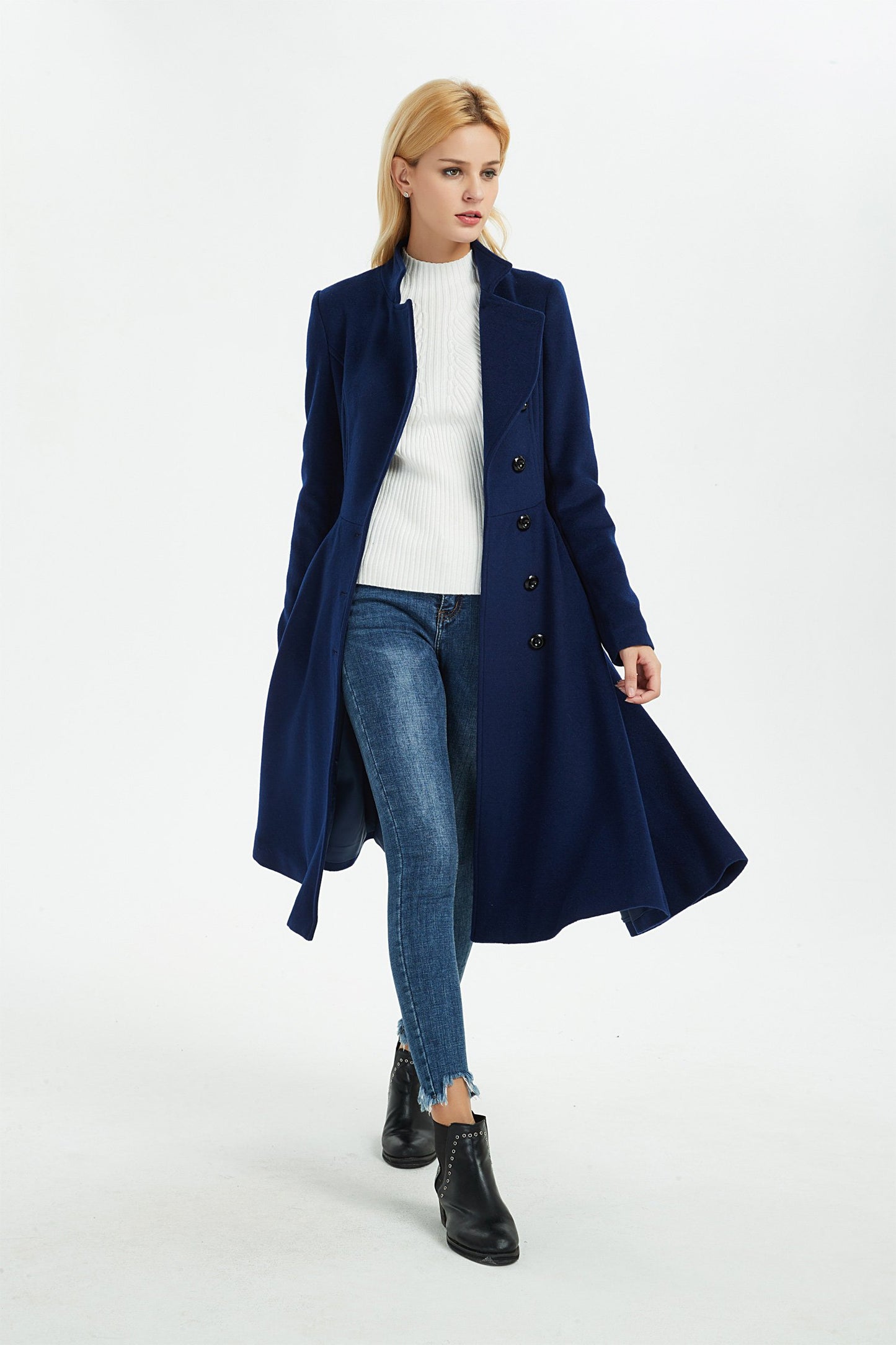 blue wool coat, winter wool coat, women coat, fit and flare coat, blue coat, warm coat, coat with pockets, winter warm coat C1372