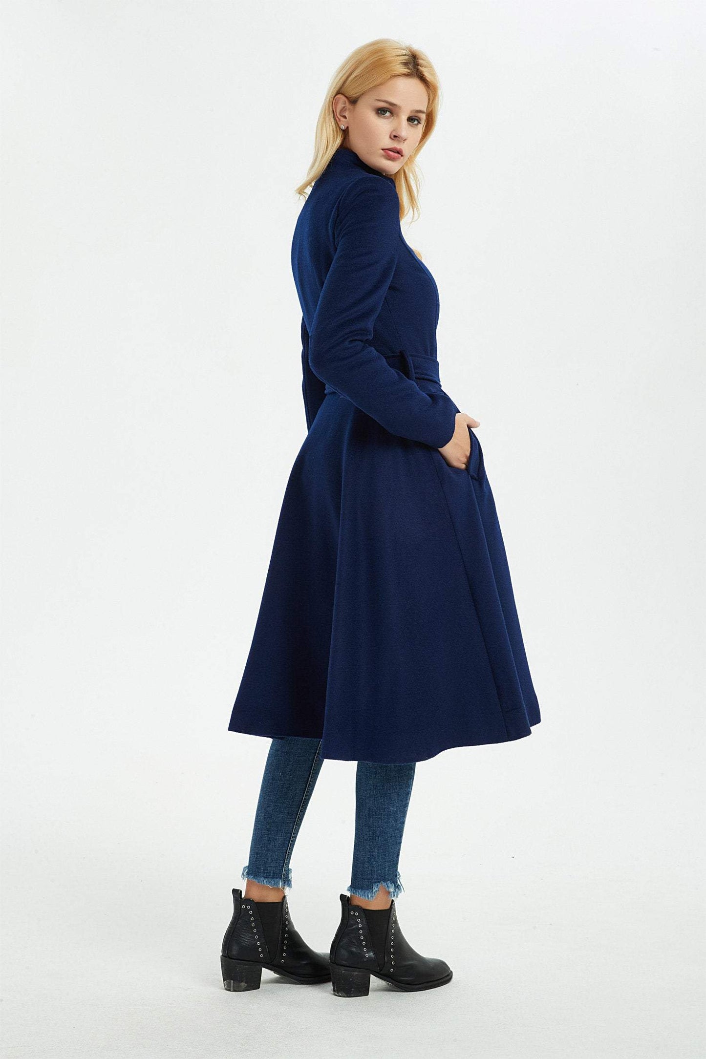 blue wool coat, winter wool coat, women coat, fit and flare coat, blue coat, warm coat, coat with pockets, winter warm coat C1372