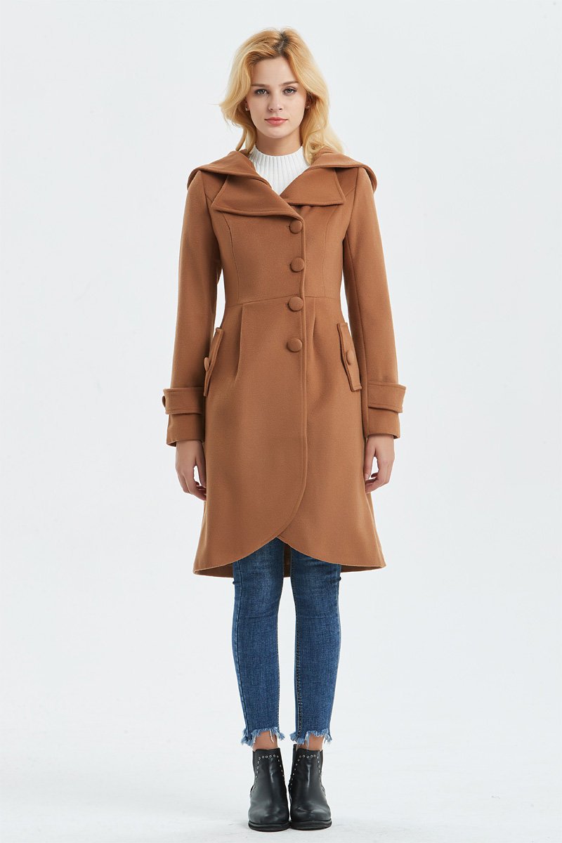 brown wool coat, casual coat, warm coat, asymmetrical coat, midi coat, womens hooded coat, winter coat, vintage coat, coat with pocket C1321