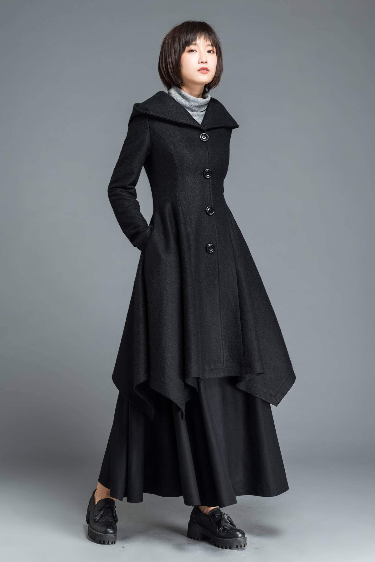 Black coat, wool coat, winter coat, Hooded coat, warm coat, black wool coat, warm wool coat, womens coat, irregular coat, pocket coat C1210