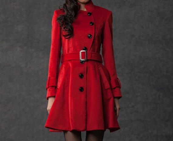 Women's Car Coat - Navy Blue Short Winter Jacket Fit & Flare Swing Coat with Self-Tie Belt and Asymmetric Button Closure C750
