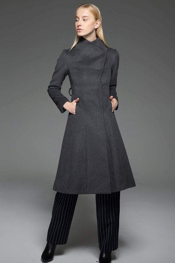 Women Black long Wool Coat C1344#
