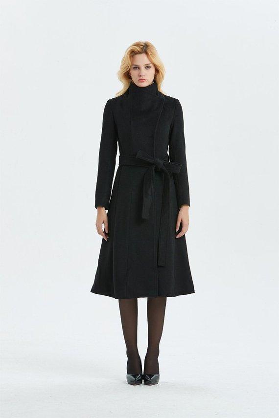 Gray Wool Coat with High Neck Collar, Pockets and Self-Tie Belt C758