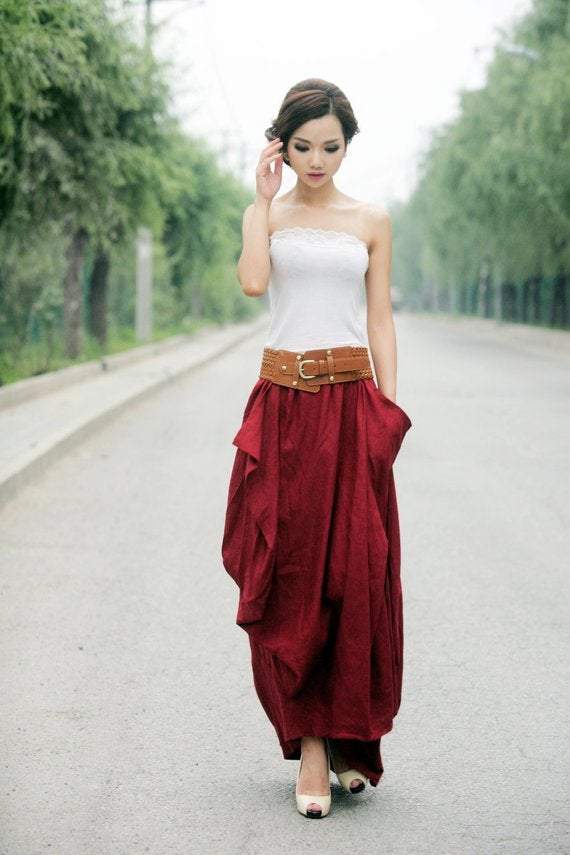 Green Linen Skirt, long linen skirt, linen skirt, Maxi Asymmetrical Hemline with Pockets All-Seasons Skirt, asymmetrical linen skirt C524