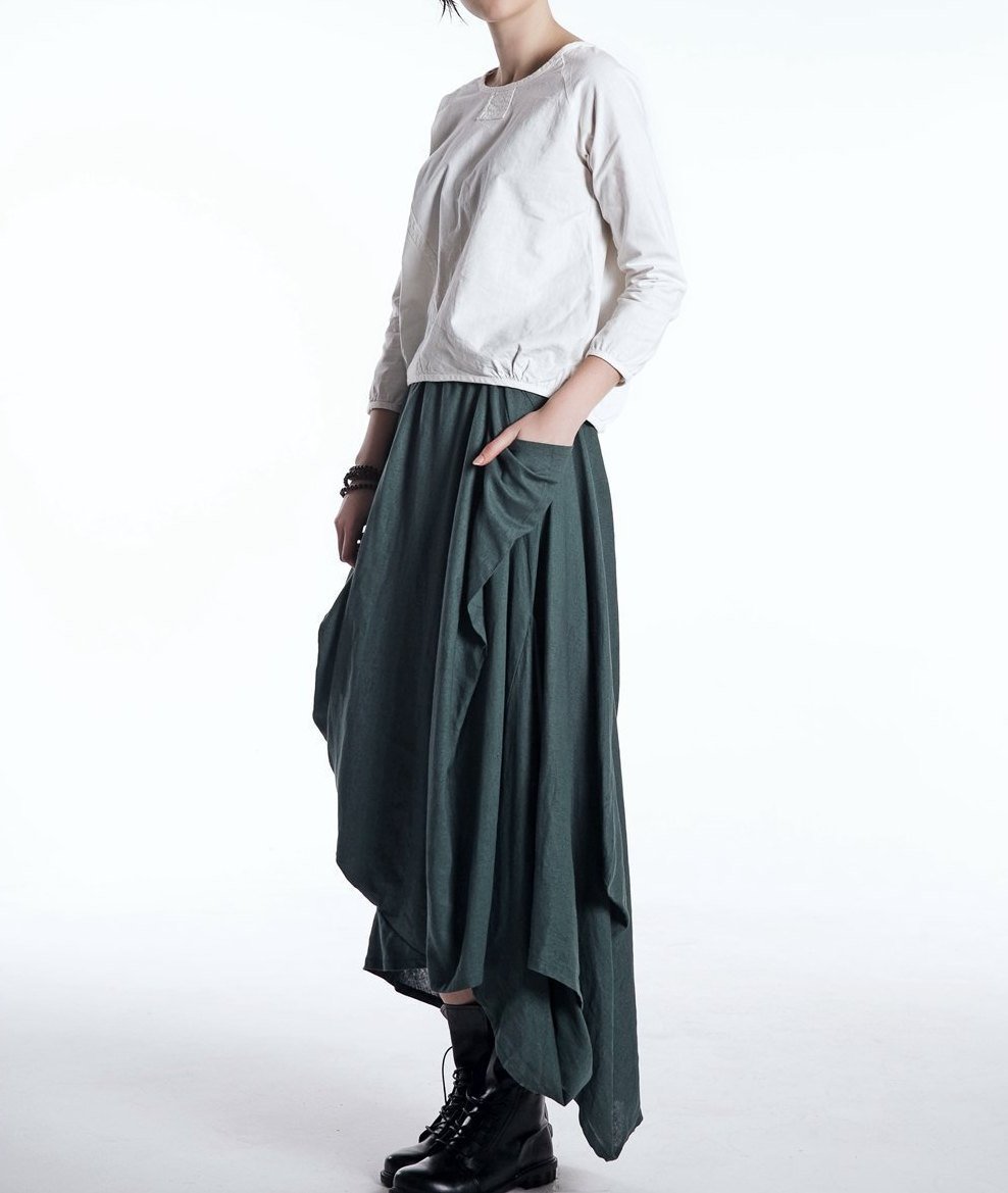 Green Linen Skirt, long linen skirt, linen skirt, Maxi Asymmetrical Hemline with Pockets All-Seasons Skirt, asymmetrical linen skirt C524