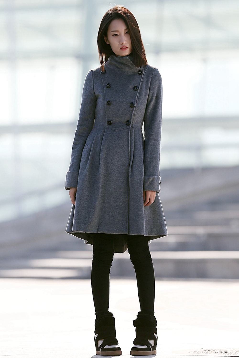 Navy blue winter midi warm winter coat C164