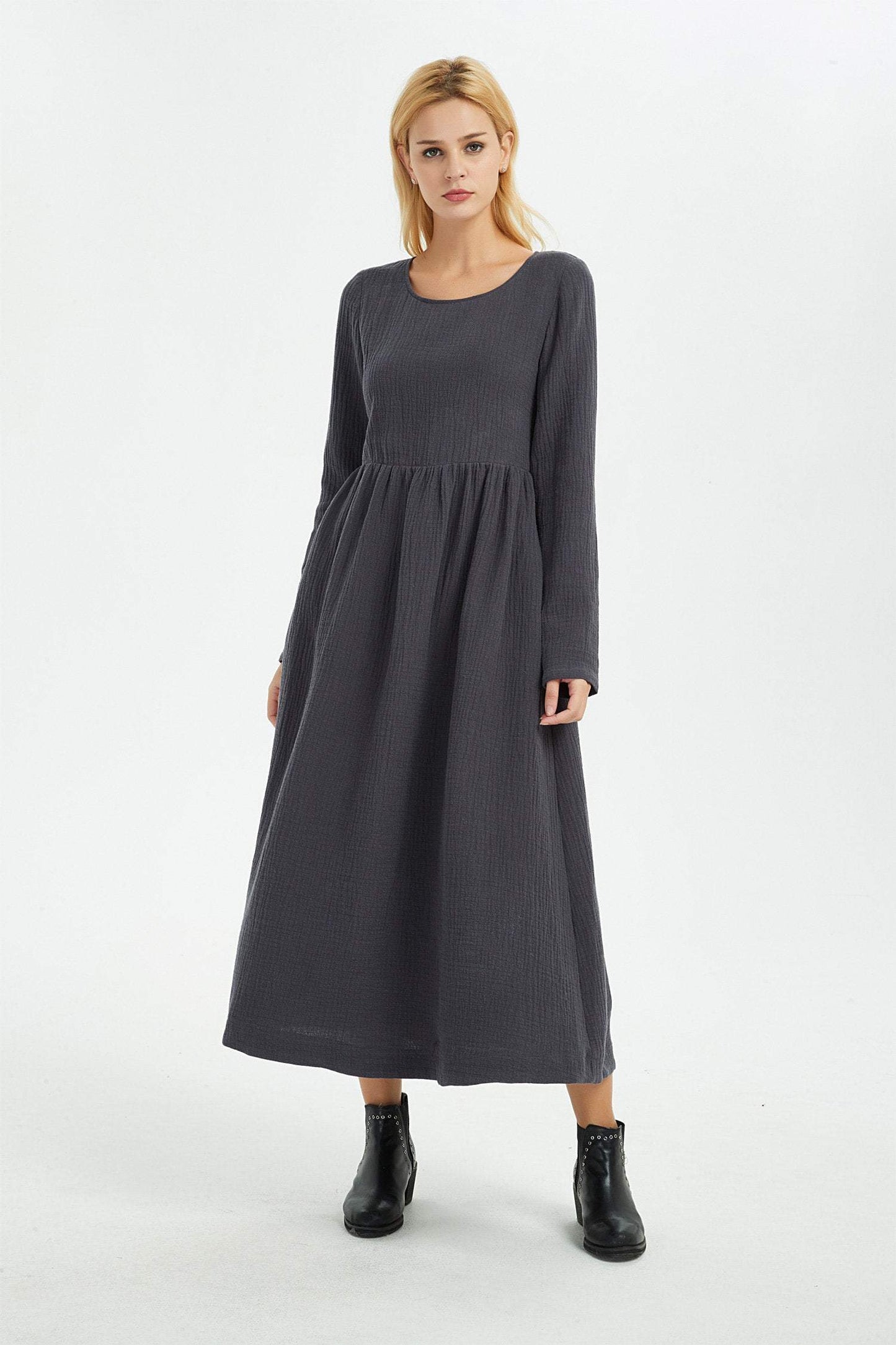 Gray linen dress, winter linen dress, women linen dress, long women dress, linen dress, linen pockets dress, long linen dress C1368