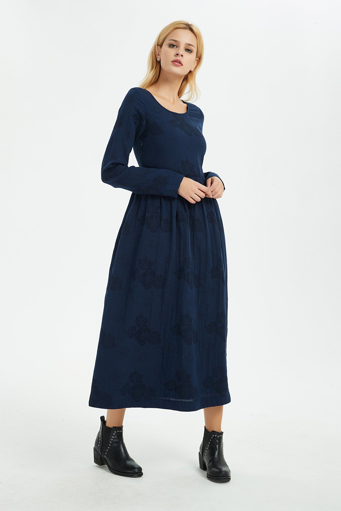 Blue linen dress, women dress, print flower dress, long dress, linen dress, women dress linen, print linen dress, pocket dress C1367