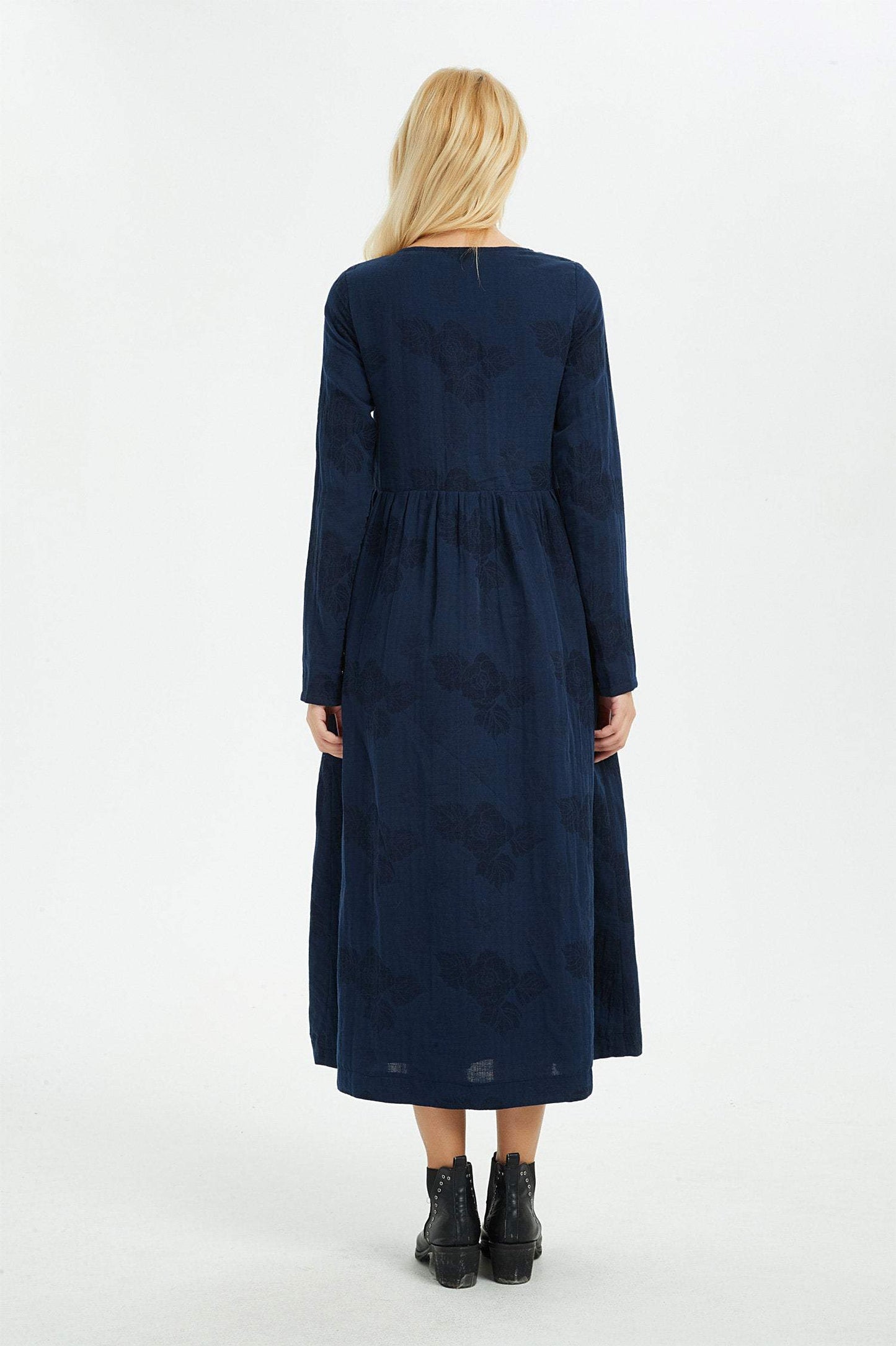 Blue linen dress, women dress, print flower dress, long dress, linen dress, women dress linen, print linen dress, pocket dress C1367