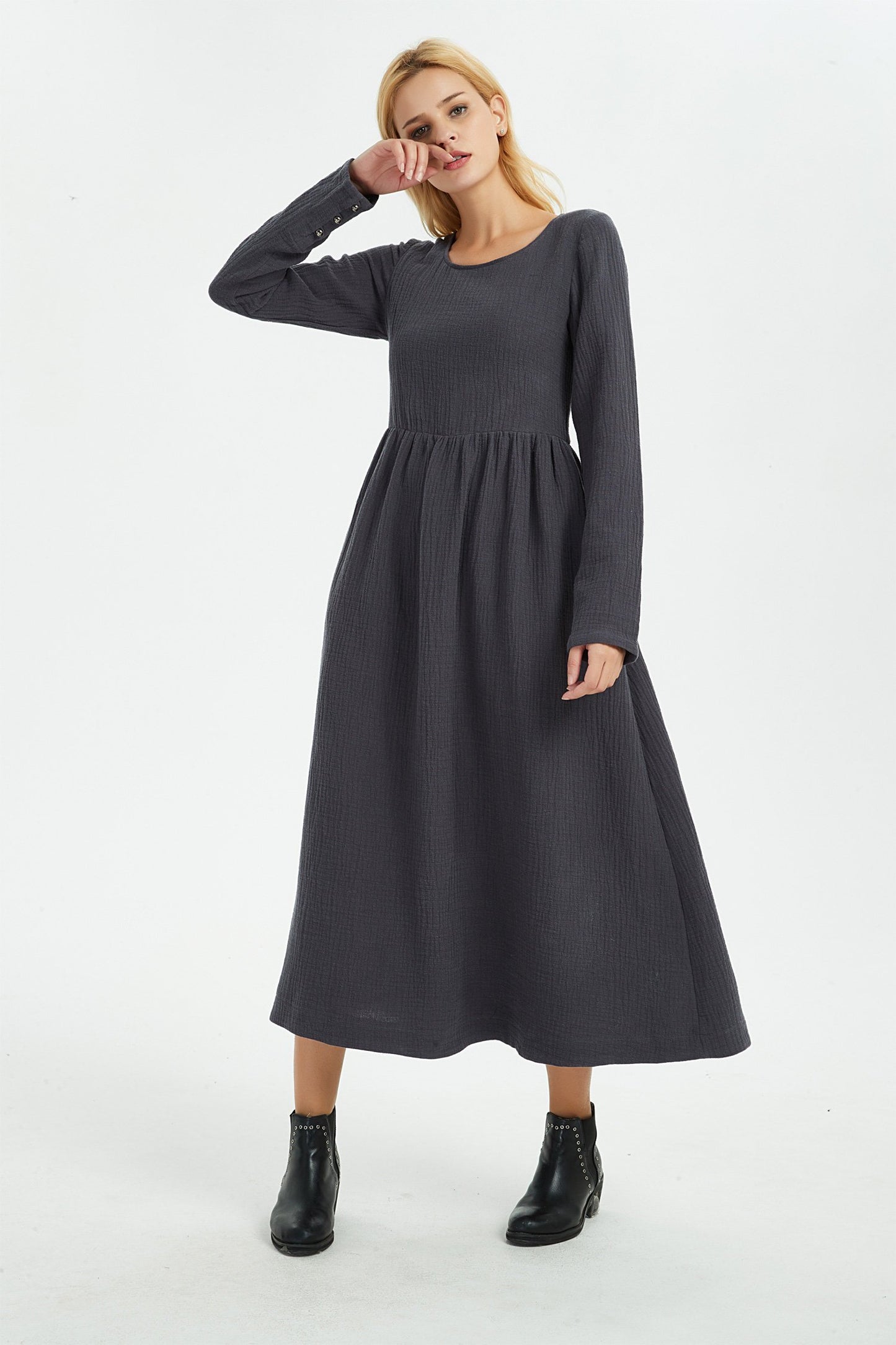Gray linen dress, winter linen dress, women linen dress, long women dress, linen dress, linen pockets dress, long linen dress C1368