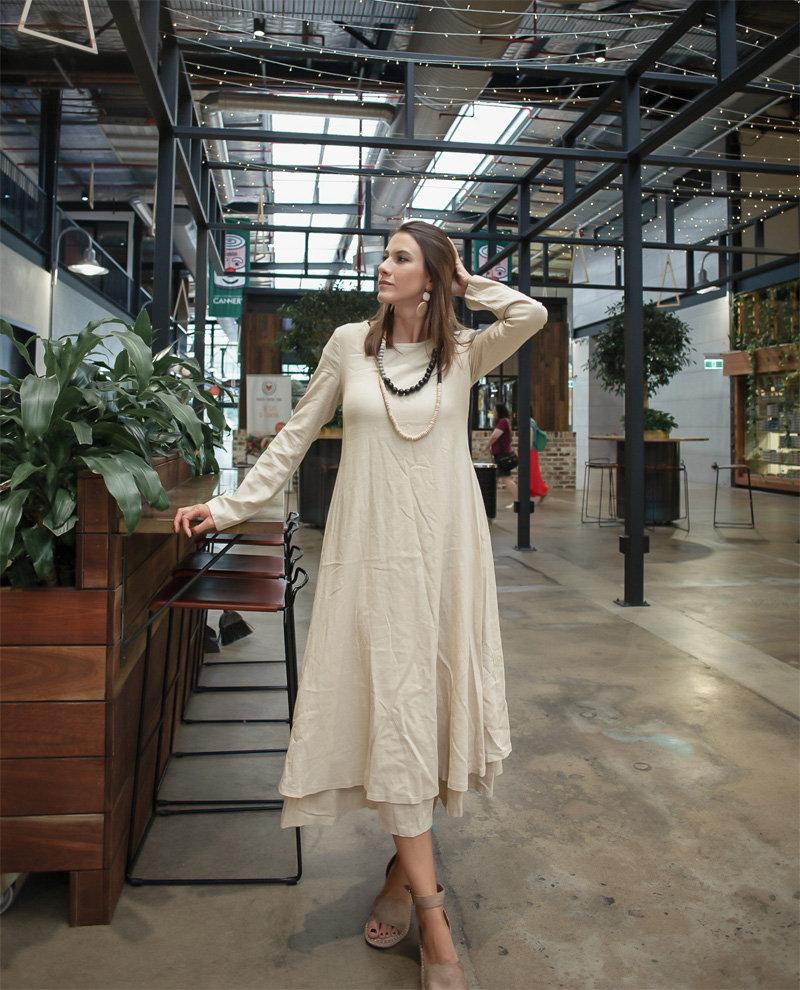 Womens midi linen dress, beige linen dress, linen casual dress, layed YLISTYLE Womens midi linen dress, beige linen dress, linen casual dress, layed YLISTYLE