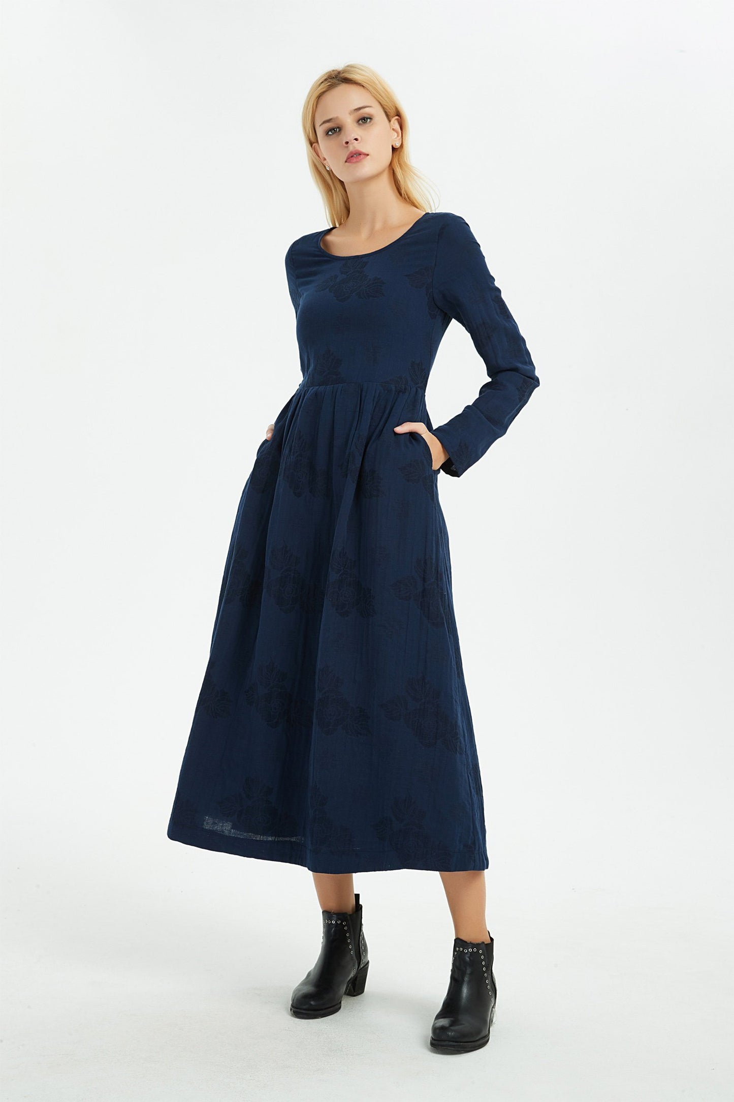 Blue linen dress, women dress, print flower dress, long dress, linen dress, women dress linen, print linen dress, pocket dress C1367