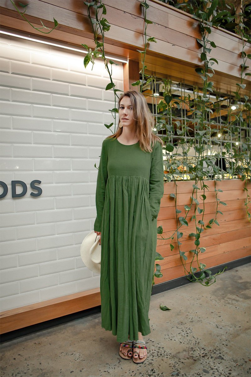 Long sleeve high waist maxi linen dress C1383