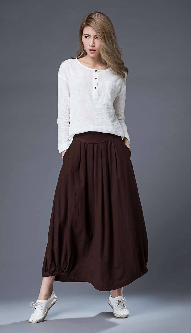 Brown Casual Skirt - Linen Everyday Modern Comfortable Long Maxi Skirt with Two Pockets C865